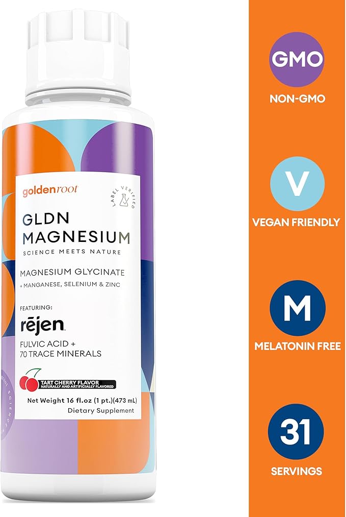 GLDN Magnesium - Liquid Magnesium Glycinate 255mg with fulvic Acid for Improved Absorption Plus Key Electrolytes Selenium Manganese and zinc for Sleep and cortisol Support - 31 Servings