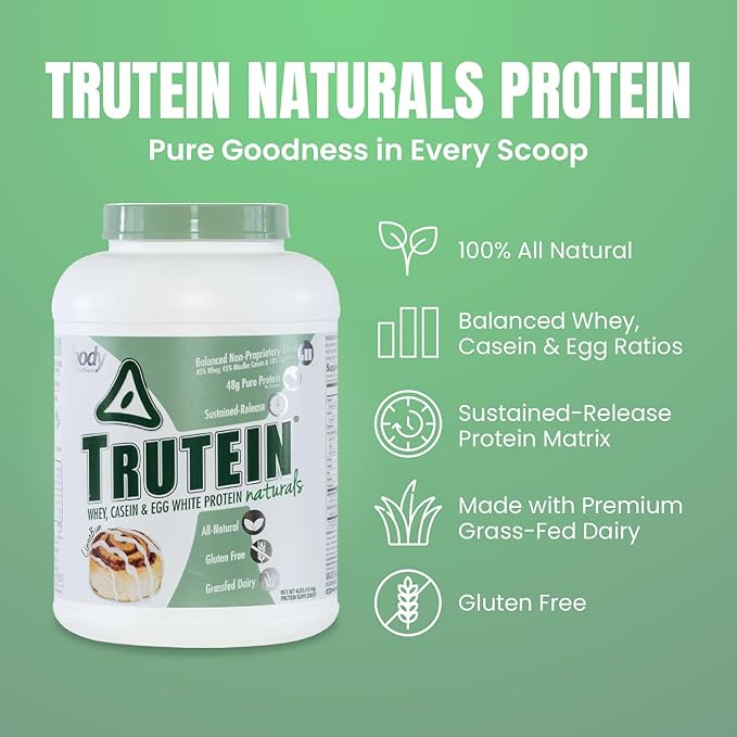 Body Nutrition Trutein Naturals Whey Casein &amp Egg White Protein Powder Without Artificial Sweeteners Gluten-Free Keto Protein Powder Post-Workout Meal Replacement Shake Cinnabun 4 lb