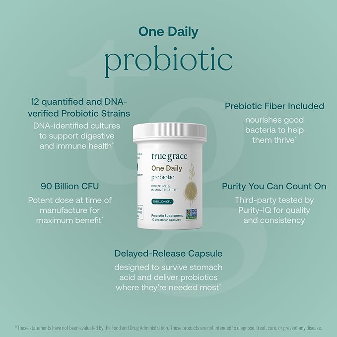 True Grace One Daily Probiotic - 30 Vegetarian Capsules - 90 Billion CFU - Gut Digestive &amp Immune Health Support Blend with Prebiotic Fiber - Gluten &amp Soy Free