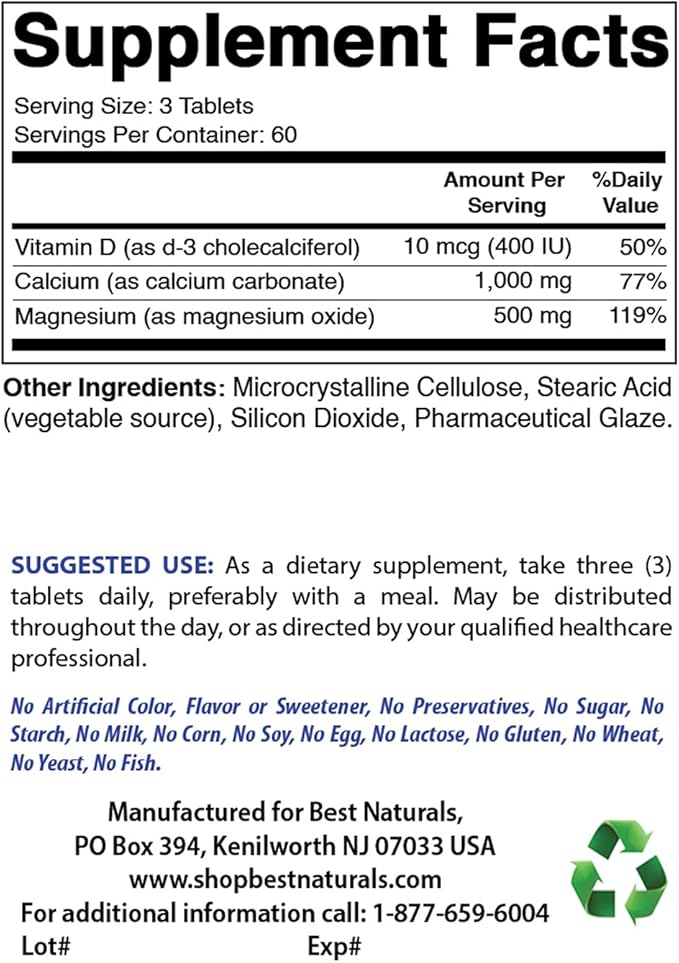 Best Naturals Calcium Magnesium with Vitamin D3 1500mg &amp Potassium Citrate 99mg