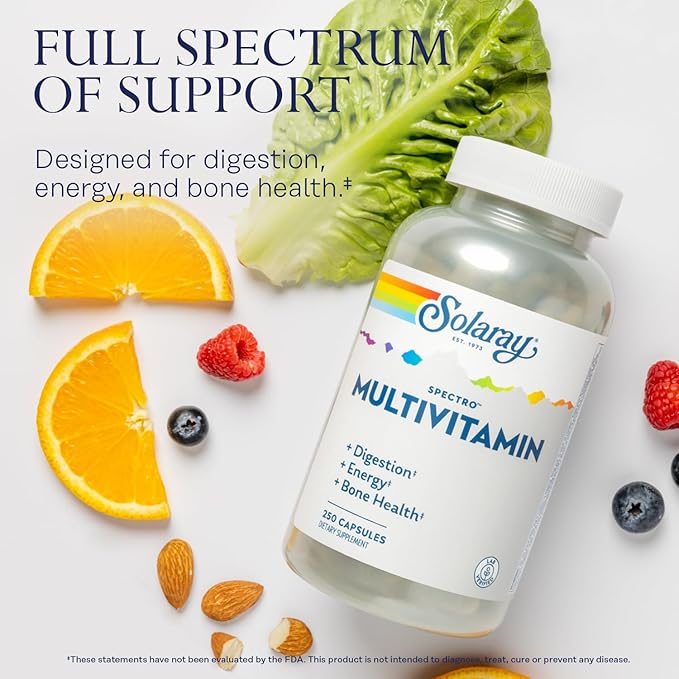 SOLARAY Spectro Multivitamin with Iron - Multi Vitamin with Calcium Magnesium Energizing Greens Herbs &amp Digestive Enzymes - Digestion Energy and Bone Health Support (41 Serv 250 CT)