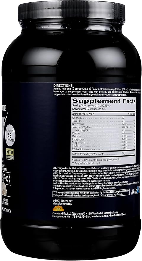 Biochem 100% Whey Isolate Protein - Natural Flavor - 20g of Protein - Pre &amp Post Workout - Meal Replacement - Keto-Friendly - Easily Digestible - Silky Smooth Taste - Easy to Mix (36.9 oz)