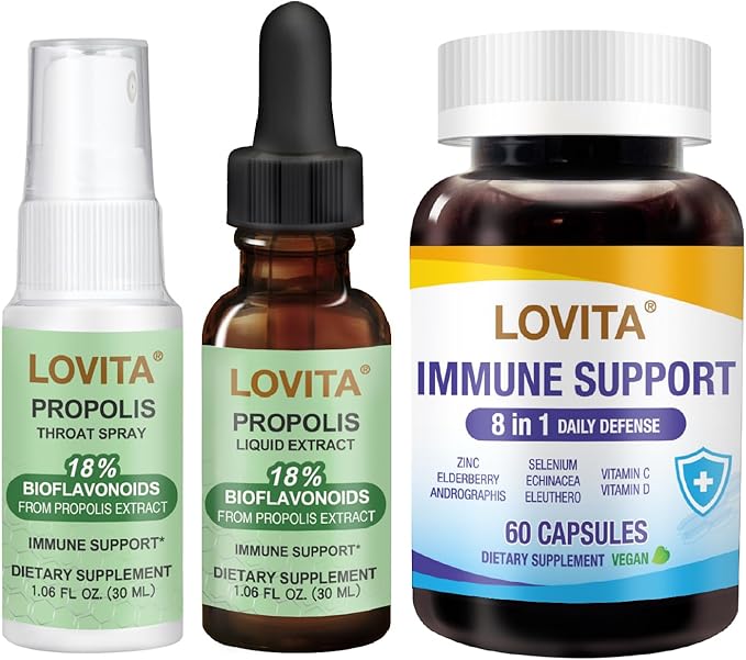 LOVITA Complete Immune Bundle - 1 Propolis Drops 1 Throat Spray &amp 1 Immune 8-in-1 Capsules Zinc Elderberry &amp Bee Propolis System (3 Pc Set)