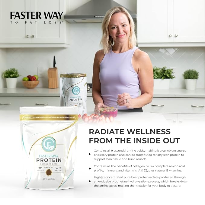 Faster Way - Protein Powder - Hydrolyzed Grass Fed Beef - 20g of Protein Per Serving - Muscle Growth &amp Recovery - 9 Essential Amino Acids - Sugar Gluten &amp Dairy Free - Non-GMO -Chocolate -30
