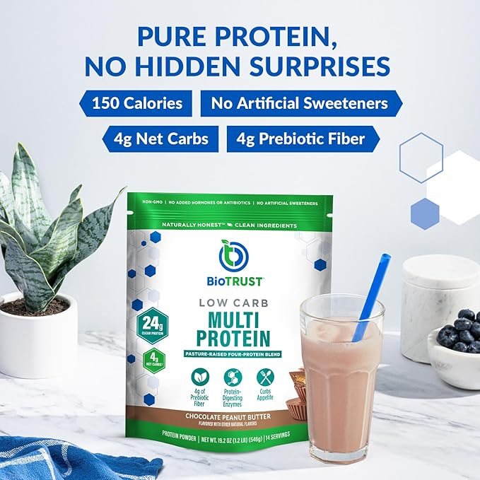 BioTrust Low Carb Protein Powder – Delicious Whey &amp Casein Blend from Grass-Fed Hormone Free Cows – Non GMO Gluten Free (Chocolate Peanut Butter)