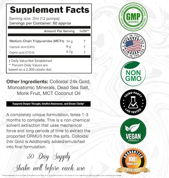 I Am Joy Co. Ormus Gold Oil Monoatomic | Supports Deeper Thought Intuitive Awareness &amp Dream Clarity | Rich with Minerals Platinum Iridium | Non-Chemical Extraction | 4oz