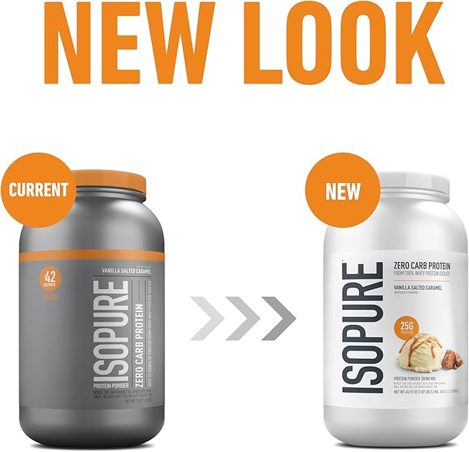 Isopure Zero Carb 100% Pure Whey Isolate Protein Powder Gluten Free With Vitamins Vanilla Salted Caramel 25g Protein Per Serving 3 Lbs 42 Servings (Packaging May Vary)
