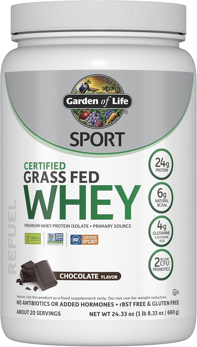 Garden of Life SPORT Whey Protein Powder Chocolate Premium Grass Fed Whey Protein Isolate plus Probiotics for Immune System Health 24g Protein Non GMO Gluten Free Cold Processed - 20 Servings