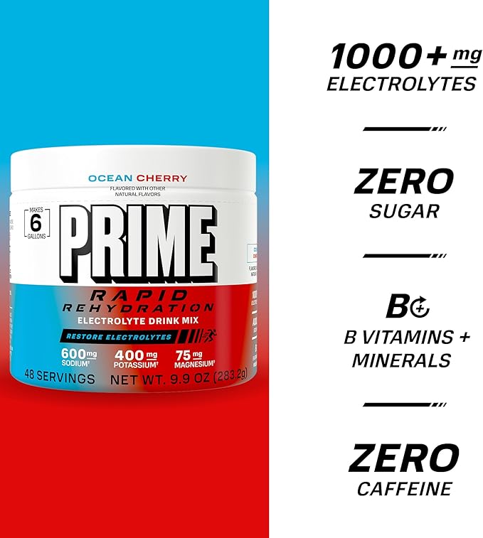 Prime Rapid Rehydration Electrolyte Powder Ocean Cherry Sugar Free Hydration Drink Mix with Sodium Potassium Magnesium &amp B Vitamins to Replenish Fluids Caffeine Free 6 Gallon Tub 48 SRV