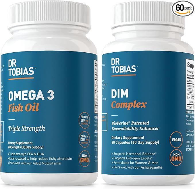 Dr. Tobias Omega 3 Fish Oil and DIM Complex Supplements Supports Heart Brain Immune Function and Hormone Balance for Women &amp Men with BioPerine Borccoli Extract &amp Calcium D-Glucarate 60 Ca