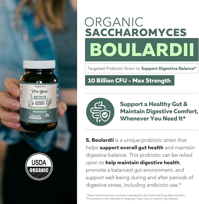 Organic Saccharomyces Boulardii - 10 Billion CFU - Clinically Validated CNCM I-1079 Probiotic Strain - Gut Digestion &amp Healthy Bowel Support - First Organic Form of S. Boulardii Probiotic - 60 Co