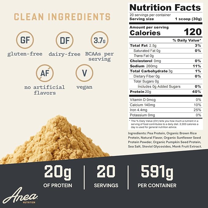 Anea Plant Protein - Vanilla | 20g Vegan Protein | Complete Amino Acids | Dairy-Free Gluten-Free Cholesterol-Free | Smooth Vanilla Flavor | Made in GMP Facility