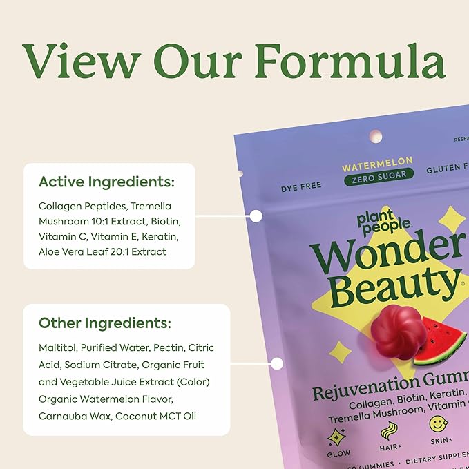Plant People WonderBeauty Hair Skin &amp Nails Rejuvenation Gummies with Tremella Mushroom Collagen Peptides Keratin &amp Biotin – Watermelon Flavor 60 Gummies