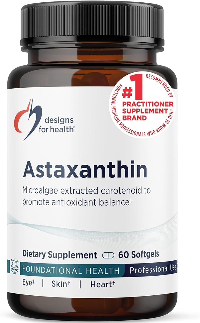 Designs for Health Astaxanthin - Microalgae (Haematococcus Pluvialis) Extracted Carotenoid Antioxidant Supplement - Support for Cardiovascular GI Skin + Eye Health (60 Softgels)
