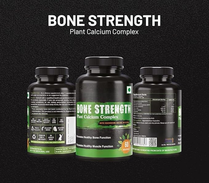 Eleven Zone Bone Strength - Plant-Based Calcium Magnesium Zinc Vitamin D3 VIT B12 K2 - GMO Soy Gluten Free Ingredients - Whole Food Supplement for Bone Health - 60 Vegan Friendly Capsules