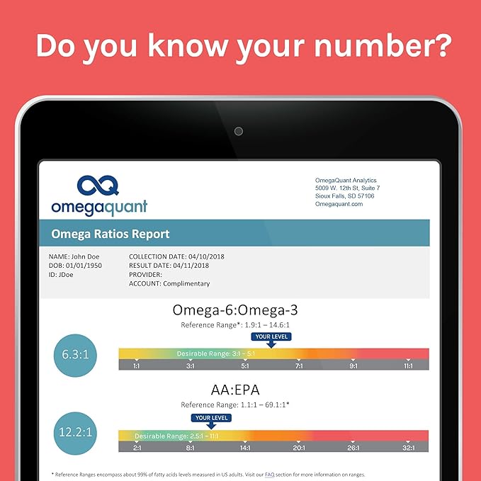 Omega Quant Omega-3 Index Plus Test Kit - Measures Blood Levels of Omega-3 Trans Fats and Omega-6:Omega-3 Ratios | The Original Omega-3 Blood Test Home Kit