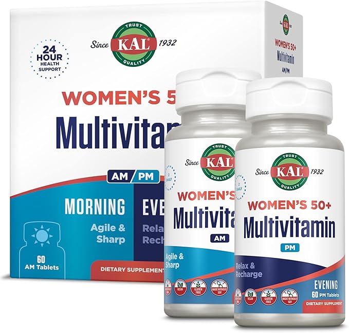 KAL Plus 2-in-1 Multivitamin for Women 50+ AM/PM Vitamin B and D Biotin Ginkgo Biloba Bone Strength and Immune Support Made Without GMOs and Soy Vegan 30 Servings 120 Tablets