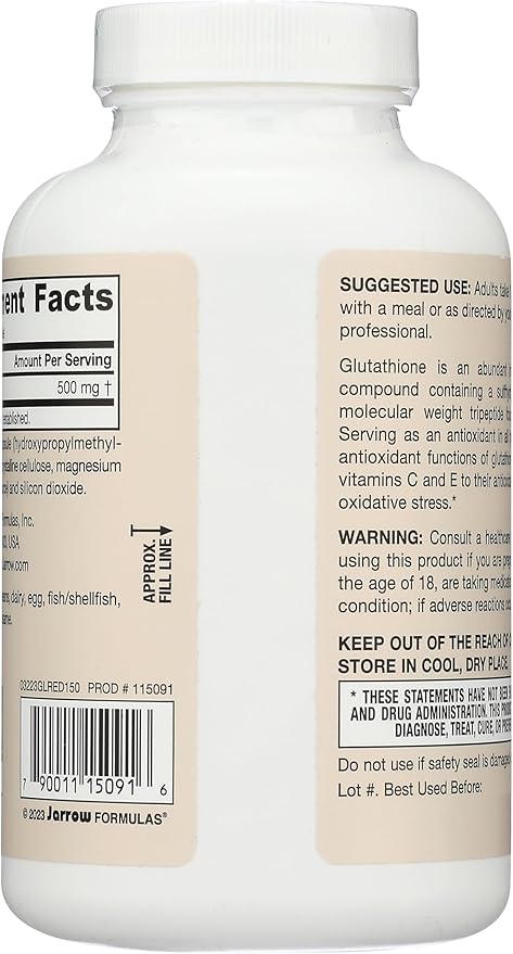 Jarrow Formulas Glutathione Reduced 500 mg - 150 Veggie Capsules - Intracellular Antioxidant - Quality Glutathione Supplements - Supports Recycling of Vitamins C &amp E - Non-GMO - Gluten Free - Vega