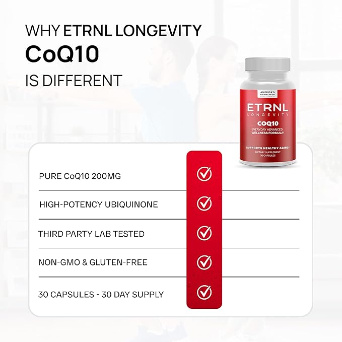 ETRNL Longevity CoQ10 200mg Ubiquinone - 30 Capsules - Coenzyme Q10 Supplement for Cellular Energy Heart Health &amp Antioxidant Support - Supports Mitochondrial Function - Vegan Non-GMO Gluten-Free