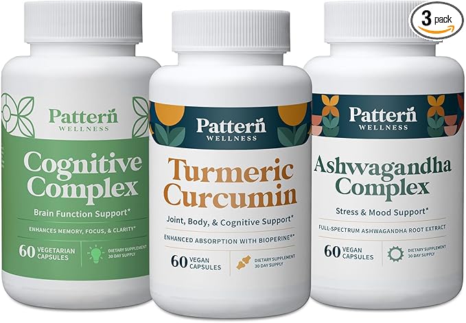 Pattern Wellness Cognitive Health Bundle - Cognitive Complex Turmeric Curcumin &amp Ashwagandha - Brain Function Support - 3 Pack All-Natural Plant-Based Formulas