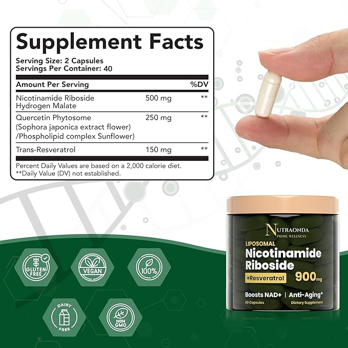 Liposomal Nicotinamide Riboside 900mg Resveratrol &amp Quercetin – NAD Supplement Plus for Anti Aging Cellular Energy &amp Improve Health- 80 Capsules