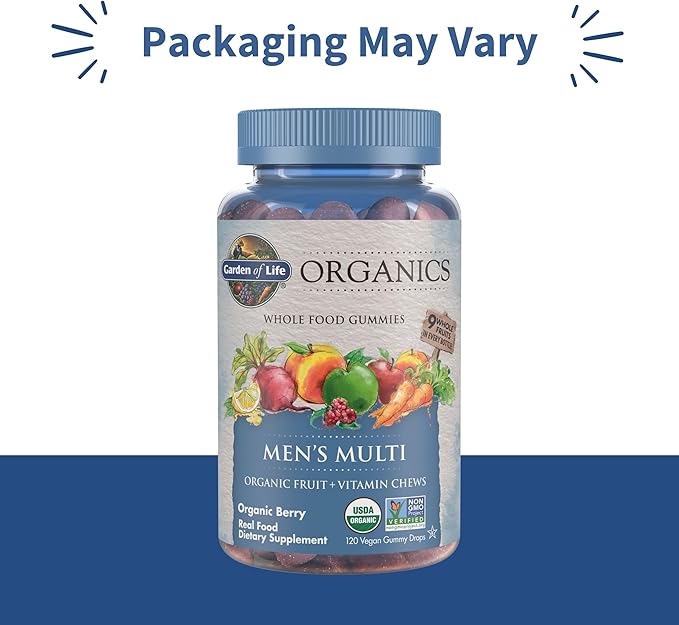 Garden of Life Organics Men's Gummy Vitamins - Berry - Certified Organic Non-GMO Vegan Kosher Complete Multi - Methyl B12 C &amp D3 - Gluten Soy &amp Dairy Free 120 Real Fruit Chew Gummies
