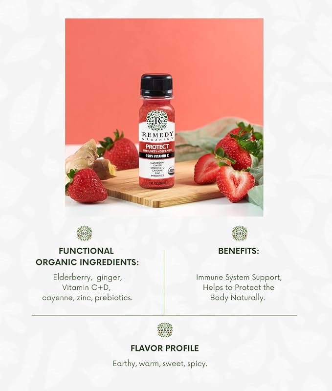 Remedy Organics Immunity Plus Shot Protect | Boost Energy Brain Function Detoxification and Metabolism | Brain Juice | Certified-Organic Ingredients 12 Packs
