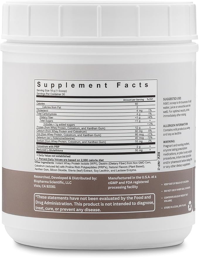Biopharma Scientific Nanopro Immune: Whey Protein Powder for Immune Support &amp Exercise Recovery with Colostrum Glutathione Proline Rich Polypeptides Vanilla Bean Flavor 30 Servings