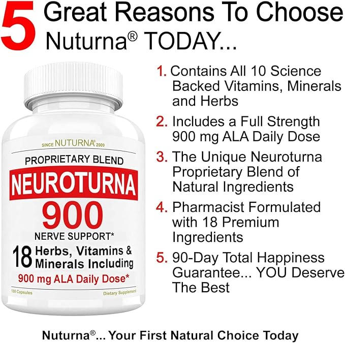 Neuroturna Support Supplement with 900 mg Alpha Lipoic Acid - Advanced ALA Formula for Feet Hands Fingers Legs - Ultra Potent 18 in 1 Natural Vitamins - 180 Capsules