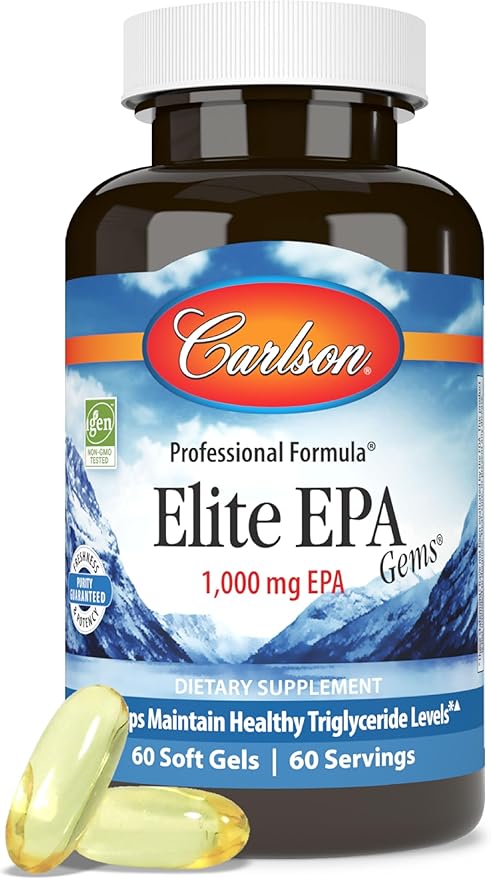 Carlson - Elite EPA Gems 1000 mg EPA Fish Oil Wild-Caught Norwegian Fish Oil Supplement Sustainably Sourced Helps Maintain Healthy Triglyceride Levels 60 Softgels