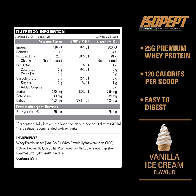 IsoPept Hydrolyzed Whey Protein Powder by EHPlabs - 100% Whey Protein Isolate &amp Hydrolysate 27g of Protein Non-GMO Gluten Free Fast Absorbing Easy Digesting 27 Serves (Vanilla Ice-Cream)