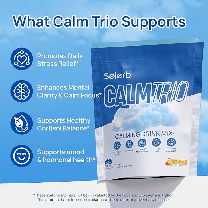 Selerb CalmTrio Magnesium Glycinate Powder Cortisol Drink Mix - No Sugar with L-Theanine Ksm-66® Ashwagandha Lemon Balm Vitamin D3 B6 Supplements for Relax Focus &amp Calm Raspberry Lemon 20 C