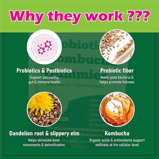 Probiotic Kombucha Gummy - Prebiotics + Probiotics + Postbiotics | Contains MCT Oil elm bark Dandelion Root and Fiber | Promotes Gut Health | 60 Capsules