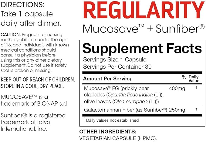 Silver Fern Regularity Digestive Supplement Capsules Brand - 1 Bottle = 30 Capsules = 30 Day Supply - Mucosave FG (Prickly Pear Polysaccharides &amp Olive Leaf Polyphenols) &amp SunFiber