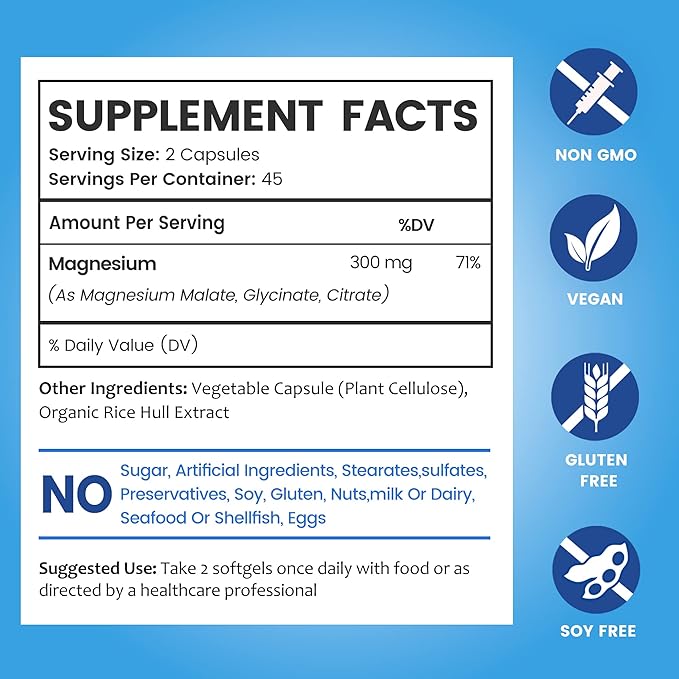 BioEmblem High Absorption Triple Magnesium Complex 300mg | Magnesium Glycinate for Nerves Malate for Energy Supplement to Support Muscle Health | Vegan Non-GMO 270 Capsules