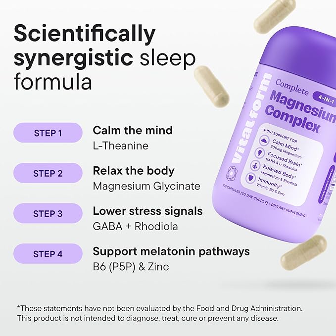 Magnesium Glycinate Sleep Complex – Non-Habit Forming Support with L-Theanine GABA Zinc &amp Rhodiola – Promotes Relaxation Calm &amp Muscle Recovery – Non-Melatonin – 100 Capsules