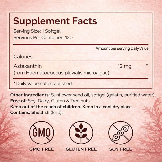 Astaxanthin 12mg Rovina Astaxanthin Supplements Softgels Supports Immune System Skin Eye and Joint Health for Daily Wellness Easy-to-Swallow Non-GMO Gluten Free 120 Softgels