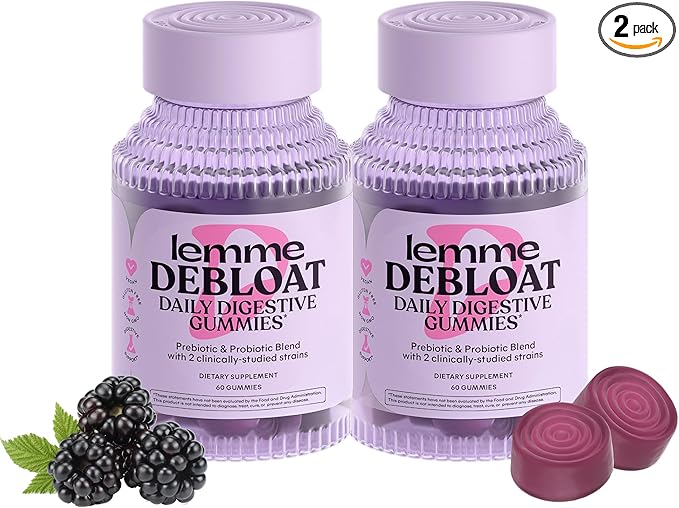 Lemme Debloat - Digestive &amp Gut Health Gummies with 2 Clinically Studied Probiotics &amp Prebiotic Vegetarian Gluten Free Non GMO BlackBerry Flavor (60 Count) (Pack of 2)