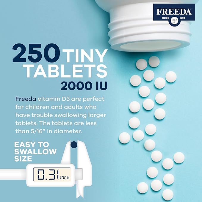 FREEDA Vitamin D3-2000 IU – High-Potency Vitamin D for Bone Strength &amp Immune Support – Easy-to-Swallow Tablets – 250 Tiny Tablets