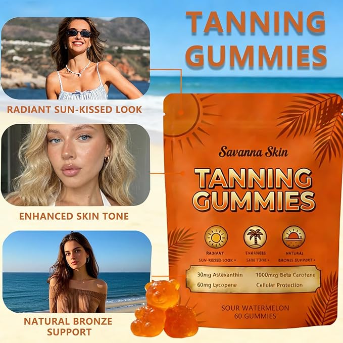 Savanna Skin Tanning Gummies– Premium Astaxanthin &amp Lycopene Formula – Hydration for Natural Looking Glow Bronzing– Watermelon Flavored Vegan Sugar Free – 60 Count