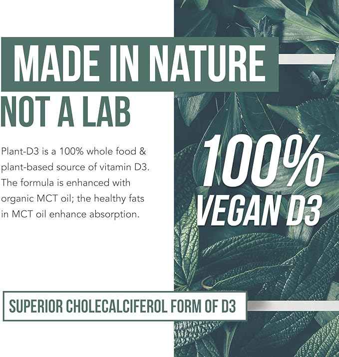 Plant-D3 Organic Vitamin D3 5000 IU - Vegan Max Strength Sublingual Liquid D3 Drops - 200% Higher Absorption - 100% Plant-Based Cholecalciferol Form - Adjustable Dosing for All Ages (1oz Liquid)