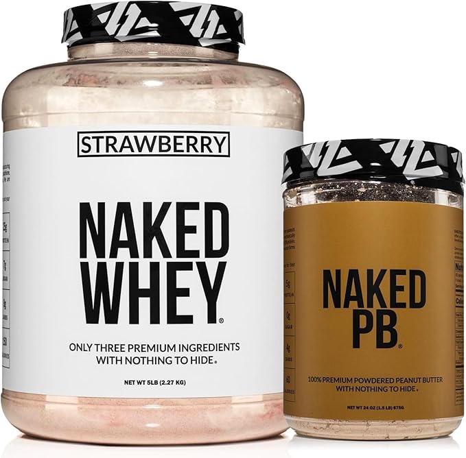 NAKED Strawberry Whey Protein Powder 5LB (61 Servings) + PB Powdered Peanut Butter 1.5LB (45 Servings) – Bulk Grass-Fed Non-GMO Gluten Free Soy Free Vegan