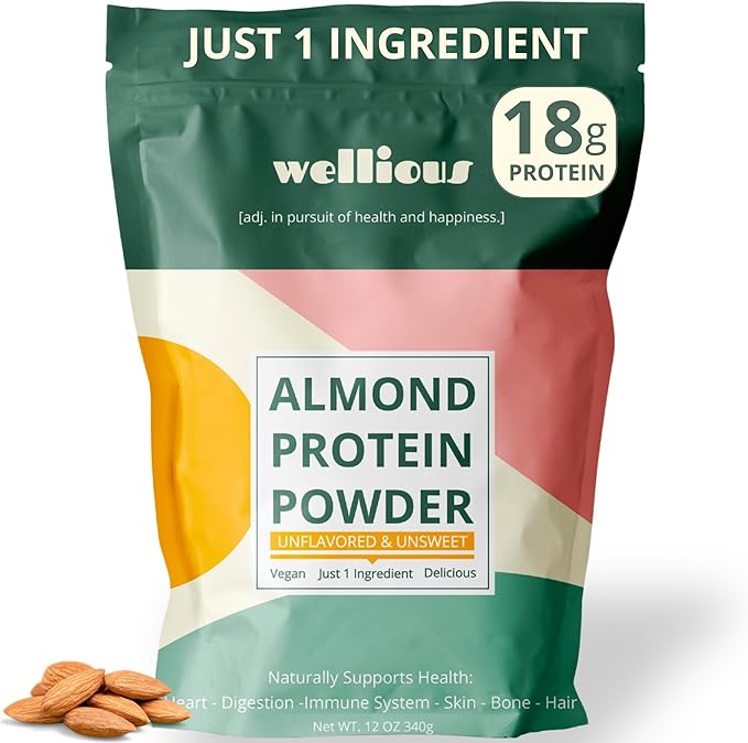 wellious Almond Protein Powder (Unflavored Unsweetened) - 18 Grams of Pure Healthiest Vegan Protein for Women &amp Men | Gluten-Free Soy-Free &amp Gut Friendly Protein Powder for Sports Nutrition