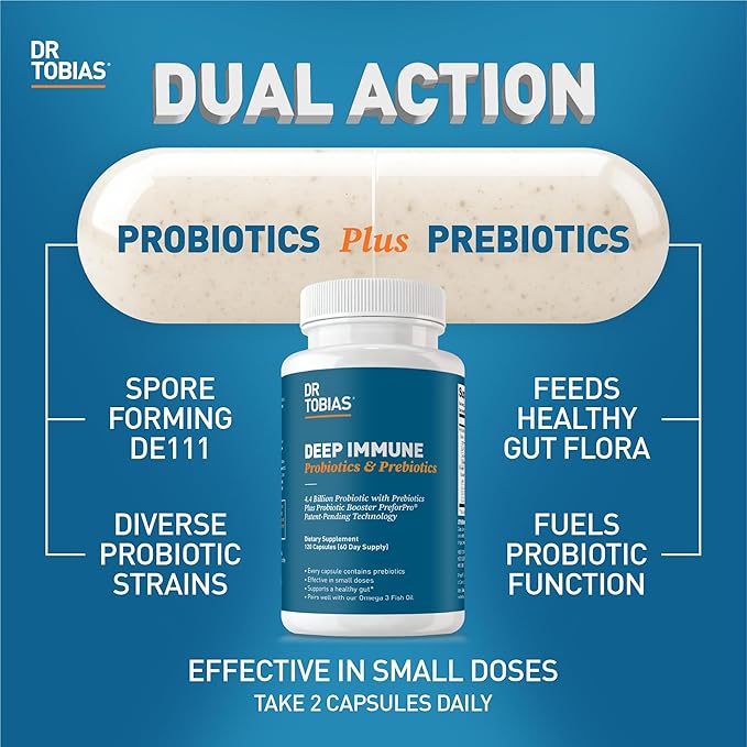 Dr. Tobias Deep Immune Probiotics &amp Prebiotics - Dual Action Digestion &amp Immune Support with PreforPro Prebiotics &amp Spore Forming Probiotics for Women &amp Men - 120 Capsules (60 Servings