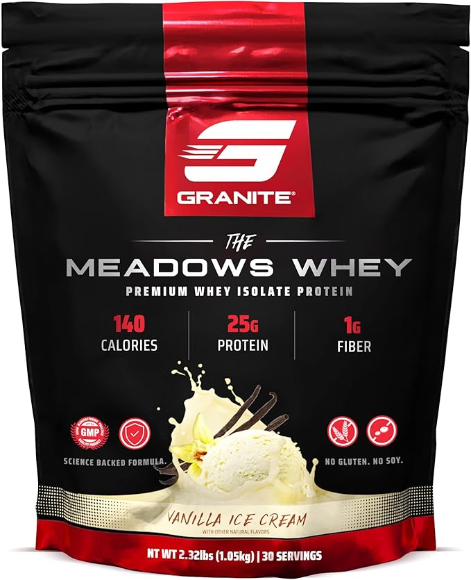 Granite Supplements The Meadows Whey Protein Isolate Protein Powder for Lean Muscle with 150 Calories 2g Fiber 1g Sugar (30 Servings) Vanilla Ice Cream Flavor