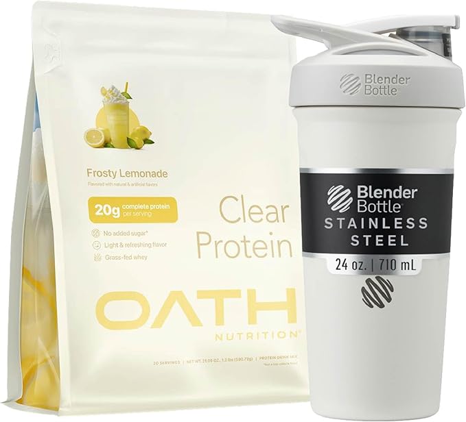 OATH NUTRITION Clear Whey Protein Powder and Insulated Shaker Bottle Frosty Lemonade 20g Complete Protein per Serving Insulated Stainless Steel Water Bottle with Wire Whisk 24-Ounce White