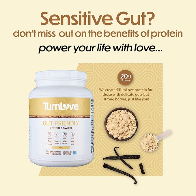 TumLove Vegan Protein Powder - Low FODMAP Certified Gluten-Free Dairy-Free Soy-Free 100% Gut-Friendly &amp Non-Bloating Vanilla (25 Servings)