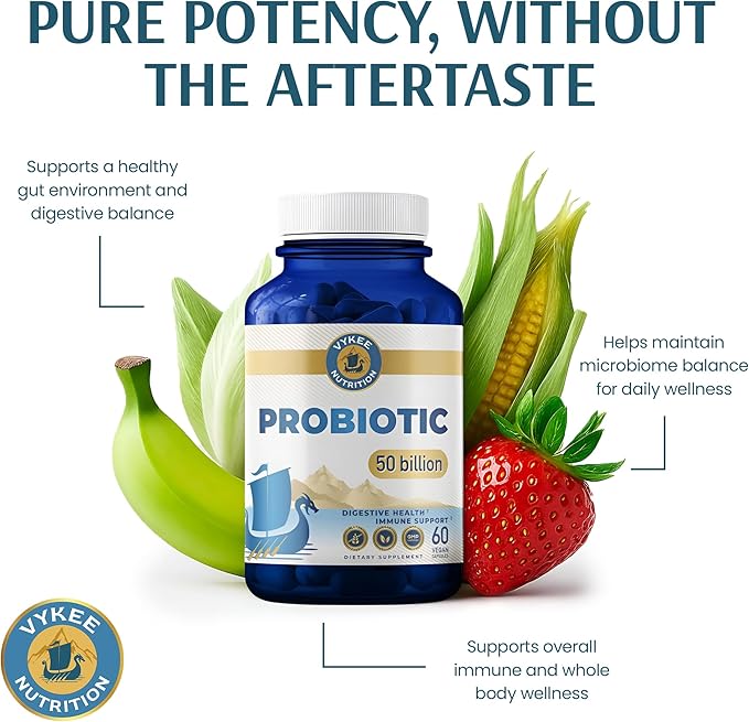 Vykee Nutrition Daily Probiotic Capsules 50 Billion CFU with Prebiotic and 11 Strain Formula for Digestive Support and Wellness - Vegan Non GMO - 60 Capsules