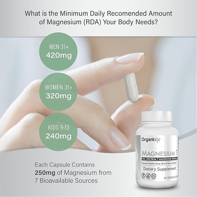 Organixx Magnesium Glycinate Supplement for Support Sleep Muscle &amp Heart Health 7 Type Magnesium Complex with Vitamin B6 Manganese Citrate Gluten Free Non GMO 120 Capsules (60 Capsule 2 Pack