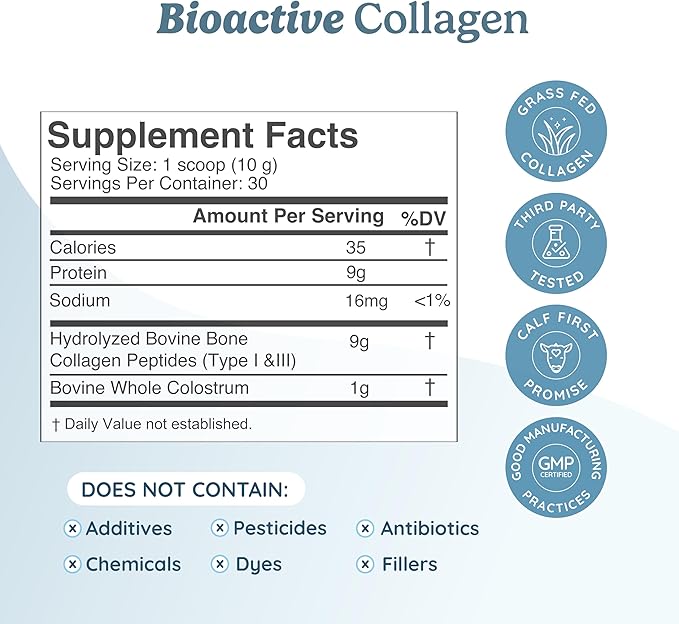 WONDERCOW Collagen Peptides Powder w/Bovine Colostrum Naturally-Sourced Hydrolyzed Bone Collagen Powder Hair Skin Nail &amp Joint SupportType I &amp III Grass-Fed Collagen Supplements for Women &